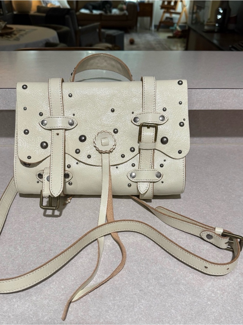 Ralph Lauren Cream Ivory Leather Western Studded Top Handle & Crossbody Bag Rare